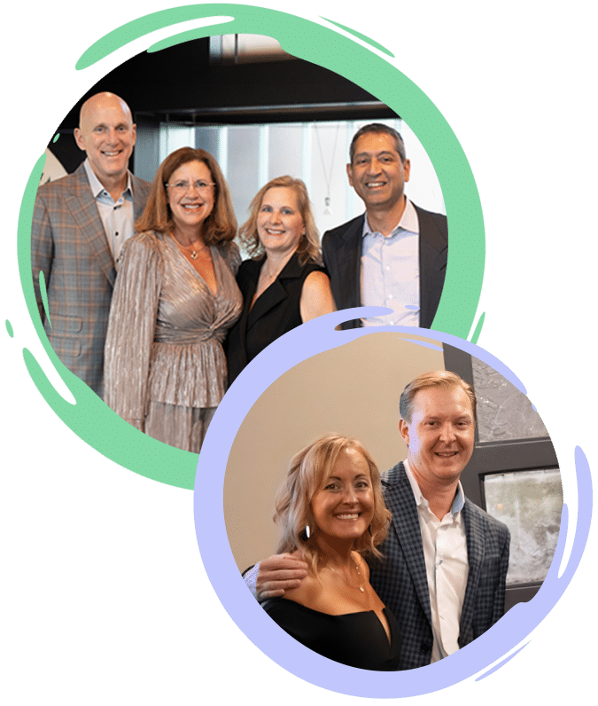 three couples dressed nicely inside of a graphic circle