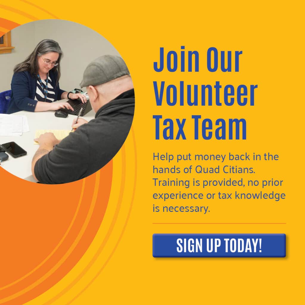 info graphic with image of tax preparer with copy calling for volunteers