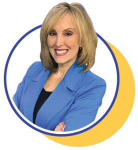 woman in a blue blazer inside a circle frame smiling