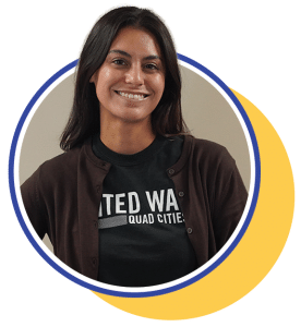 headshot of a young woman in a circle graphic