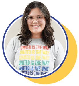 headshot of a young woman in a circle graphic